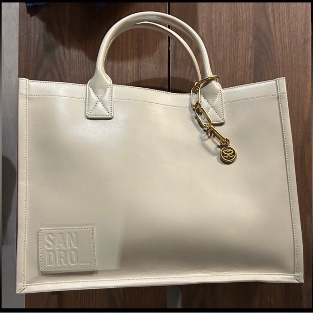 💃SOLD👜SANDRO Light Cream Chain Embellished Women’s Leather Tote Bag
